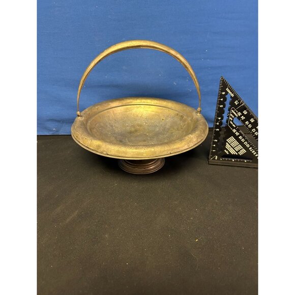 Antique Brass Pedestal Basket With Handle & Etched Floral Design - Picture 4 of 4